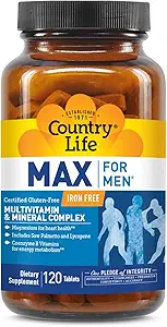 Country Life Max for Men Multivitamin: Iron-Free, Gluten Free, Saw Palmetto, Lycopene, Daily Support for Energy, Heart &amp; Men's Health,120 Vegetarian Tablets