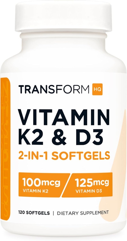 TransformHQ Vitamina K2 (MK7) (100mcg) + Vitamina D3 (5000 UI) 120 Softgels - Gluten Free and Non-GMO