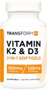 TransformHQ Vitamina K2 (MK7) (100mcg) + Vitamina D3 (5000 UI) 120 Softgels - Gluten Free and Non-GMO