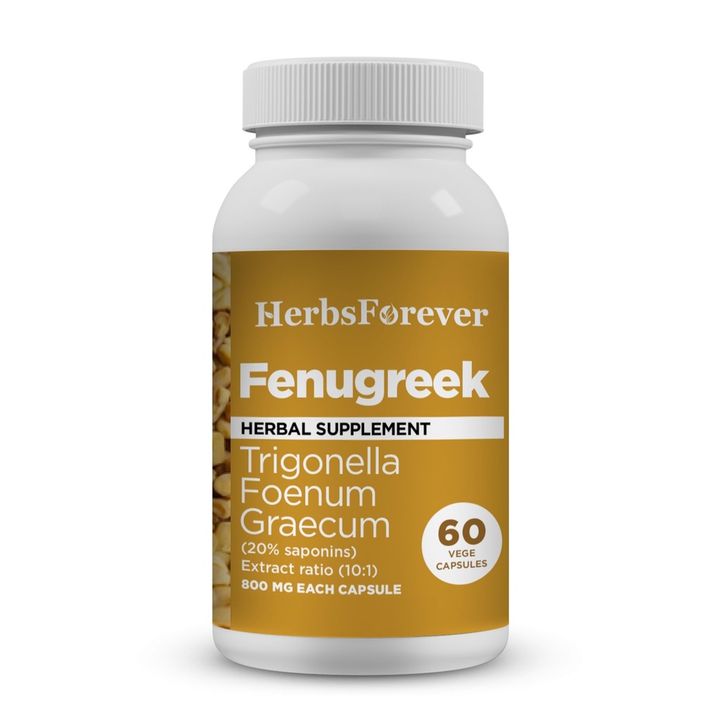 Herbsforever Fenugreek-Extra Strength(10:1) Extract, Equiv.to 2600 mg Fruit Powder Per Serving-Healthy Lactation, Digestion,Hair & Skin |Carb Control,Nutrients Rich|20% Saponins|60 VegCapsule|800mg