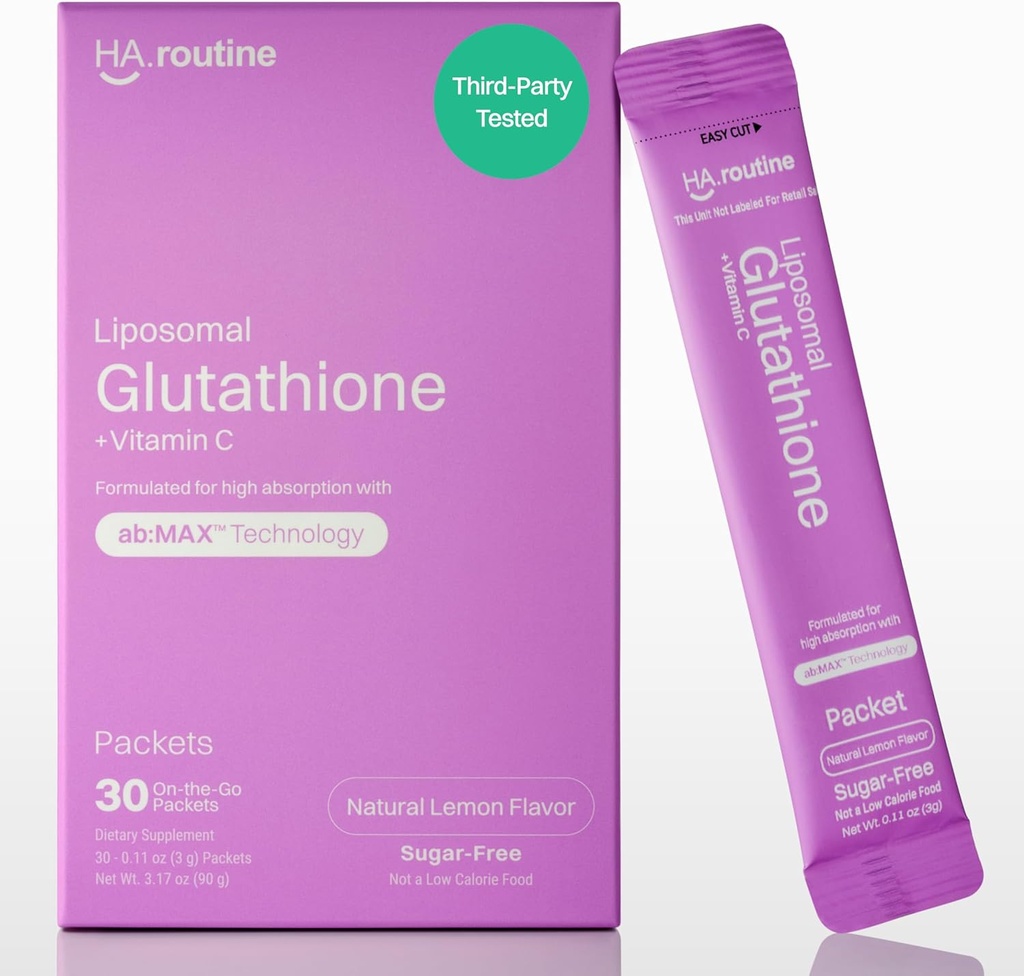 Liposomal Glutathione Powder, 125mg L-Glutathione Packets saboreados sin azúcar, 100mg Vitamina C, potente suplemento antioxidante para la piel, salud de belleza &amp; soporte de detox, 30 Packets - Lemon