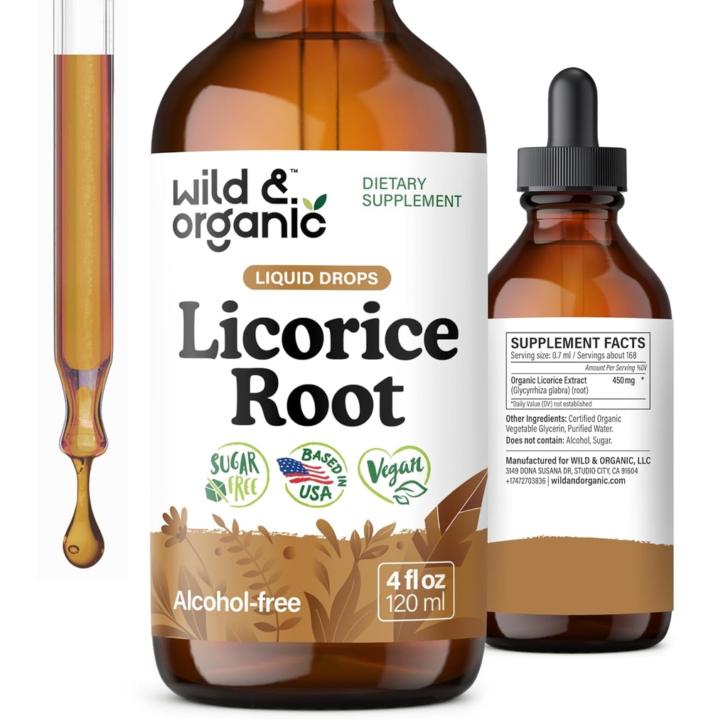 Wild &amp; Organic Licorice Root Tincture - Digestive, Lung & Skin Support - Licorice Root Extract Liquid Drops - Vegan, Sugar &amp; Alcohol-Free Supplement - 4 fl oz