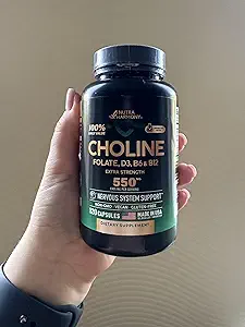 NUTRAHARMONY Choline Supplement - Choline Bitartrate 100% Daily Value - Complejo 5-in-1 con Folate, Vitaminas D3, B6 &amp; B12 - Vegan, Non-GMO - 120 cápsulas