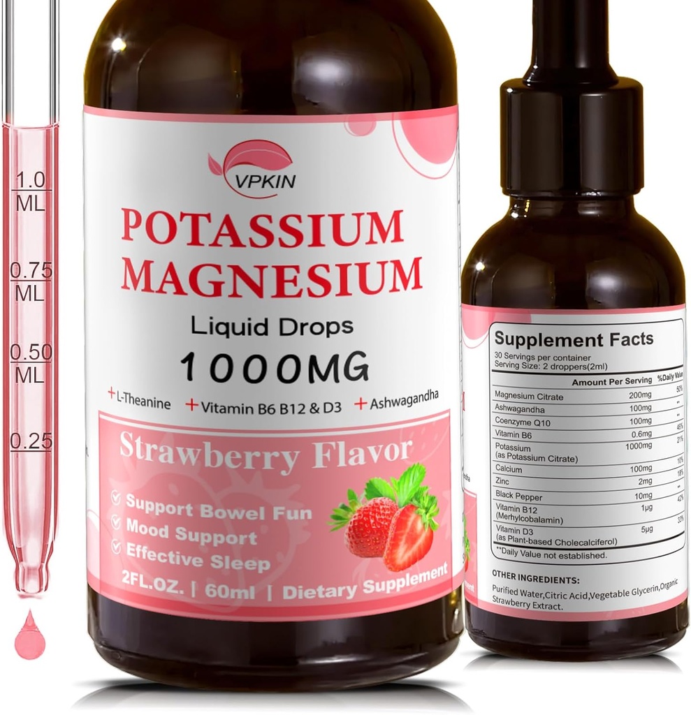 Suplemento de Citrato de Magnesio de Potasio,Magnesium Liquid Drops with Magnesium Glycinate 1000mg with Ashwagandha,Zinc,Support Clam & Support Immune System(Strawberry,2 FL.OZ.)