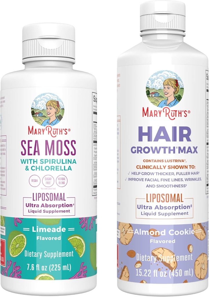 MaryRuth Organics Sea Moss Liposomal (Limeade) & Hair Growth MAX (Almond Cookie) ← Clean Label Project Verified® ← Vitaminas for Energy, Immunity, & Beauty perun, Gluten-Free, Non-GMO