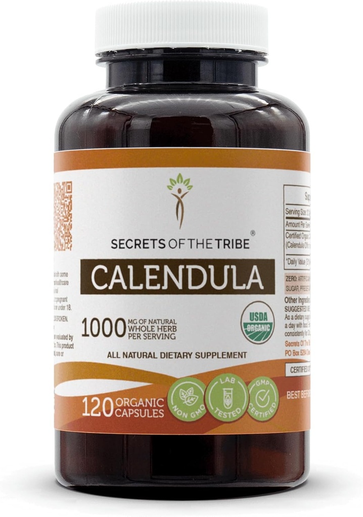 Secretos de la Tribu Calendula 120 Capsules, 1000 mg, USDA Organic Calendula (Calendula Officinalis) Dried Flower (120 cápsulas)