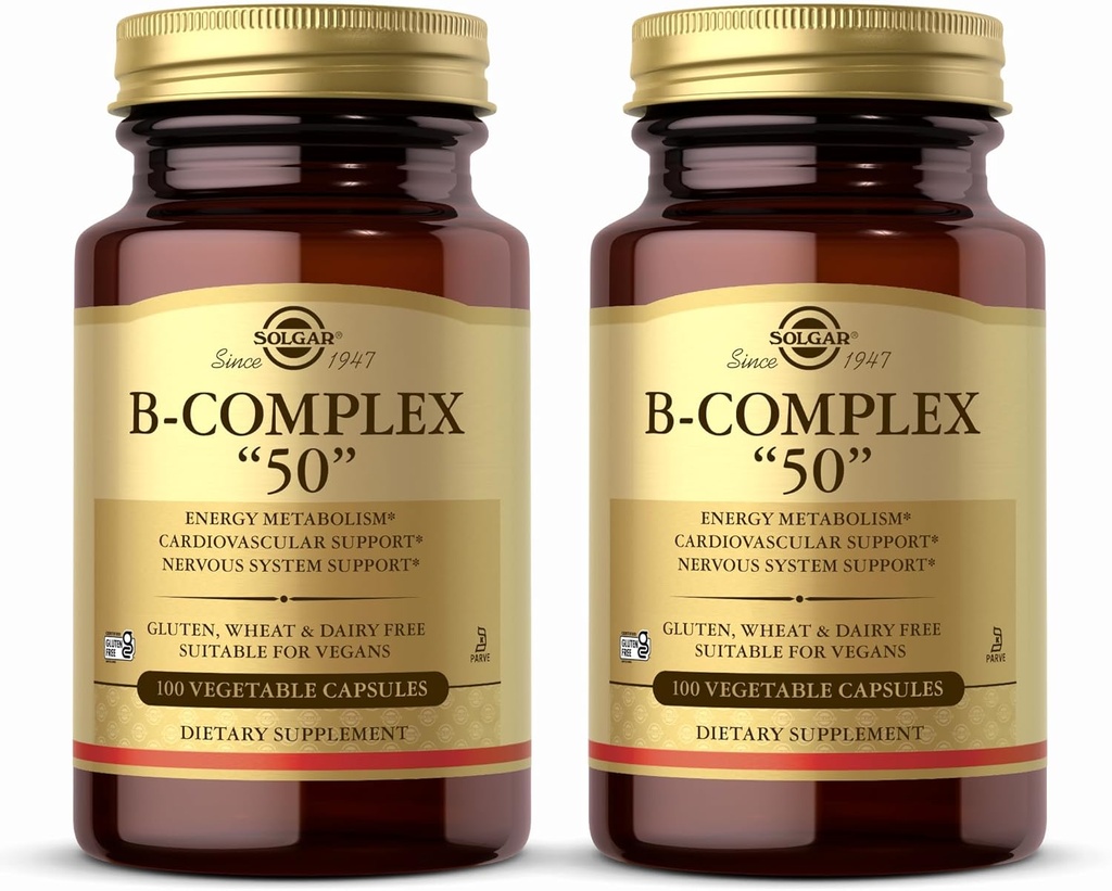 Solgar B-Complex “50” - 100 cápsulas vegetales, Pack of 2 - Energy Metabolism & Nervous System Support - Non-GMO, Vegan, Gluten Free - 200 Total Servings