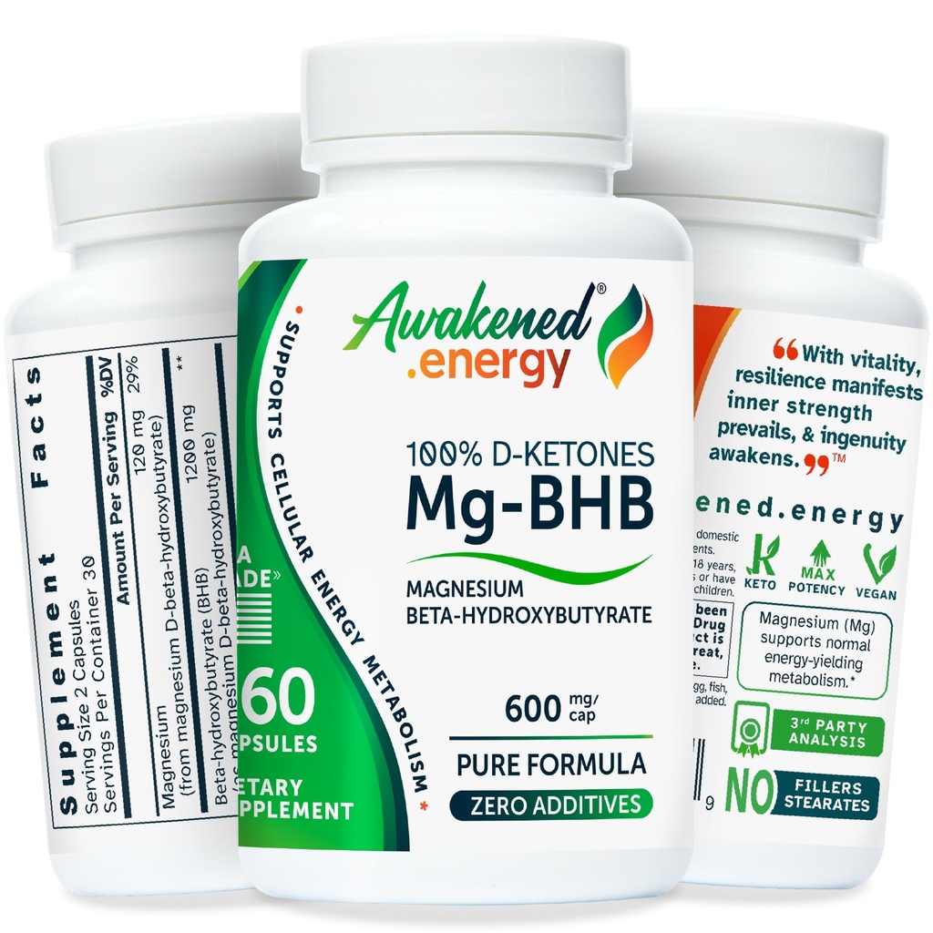 Mg-BHB Magnesium Beta-Hydroxybutyrate Supplement – 100% D-Ketones for Keto Energy, Cellular Energy Metabolism & Potency – Pure Formula, No Fillers – 60 Vegan Capsules