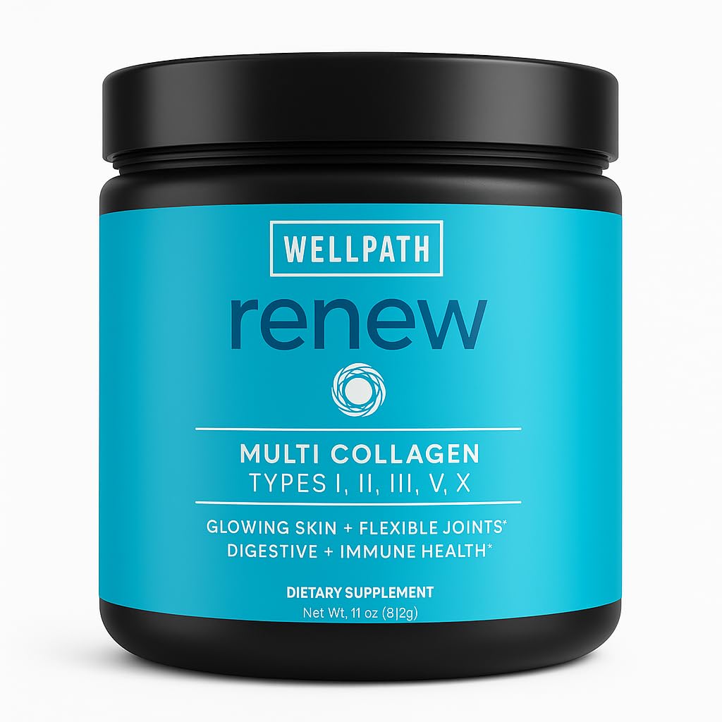 WellPath Renew Multi Collagen Protein Powder for Women TEN Hair, Nails, Skin TEN Hidrolyzed Grass-Fed Bovine, Marine, " Chicken Sources Collagen Peptides TENED Tipos I, II, III, V, X TENIDO 11 oz ANTE 40 Servimientos