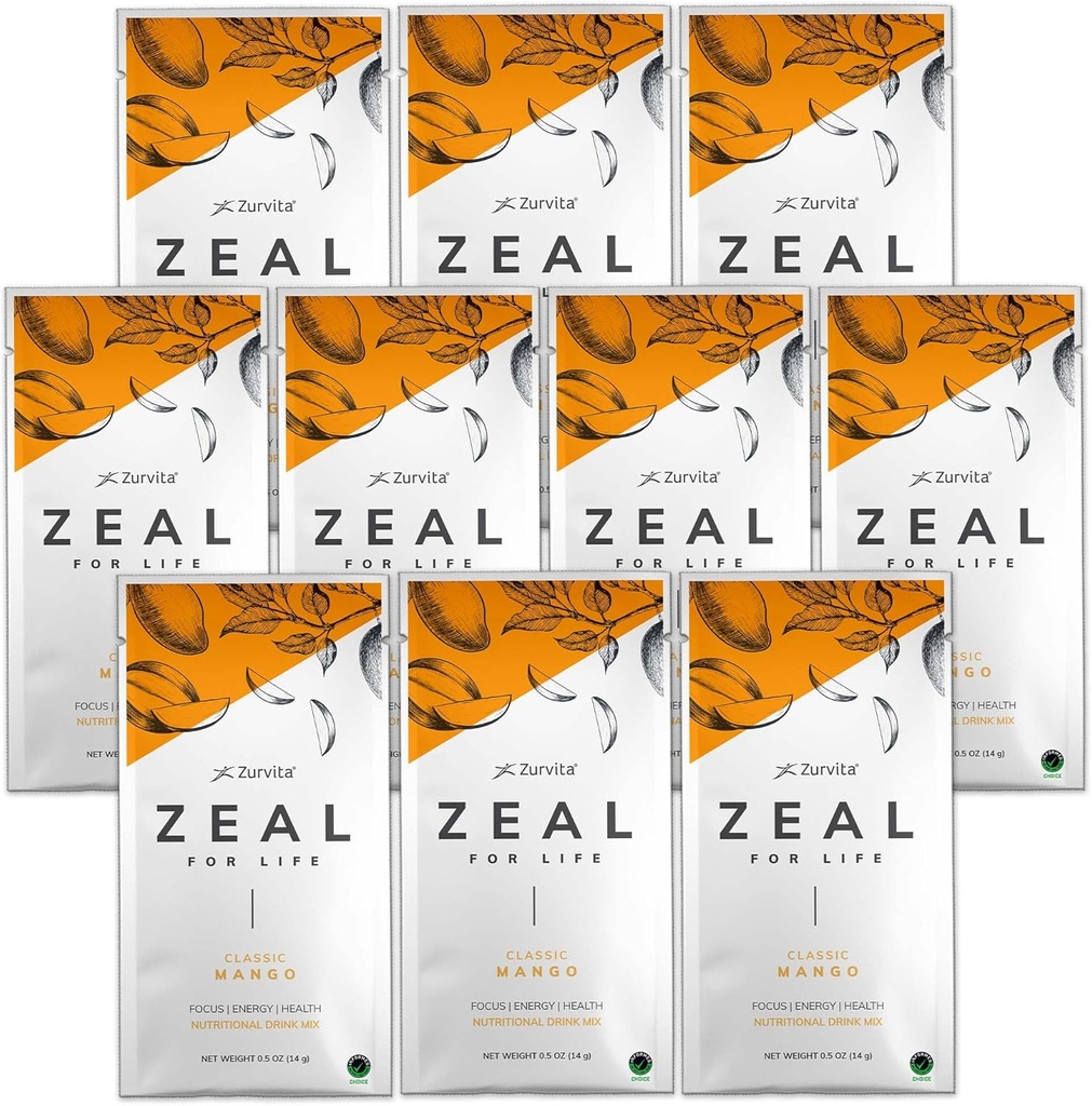 Zurvita - Zeal for Life Wellness Drink Mix - Classic Mango Flavor - Sin gluten, Vegan, con Biotina, Vitaminas y Minerales para la Salud - 10 Packets