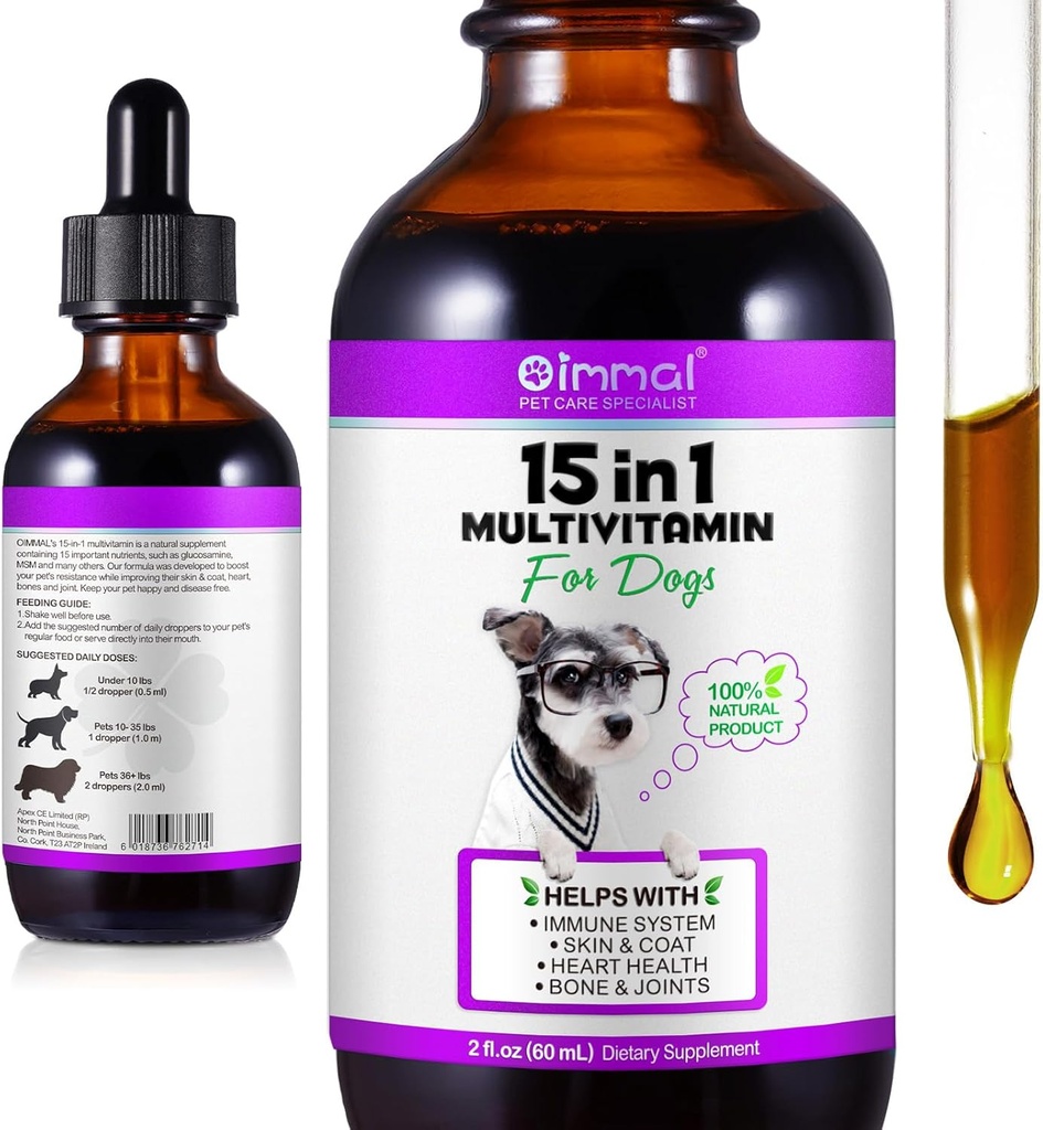 15 en 1 gotas multivitamínicas para perros - Vitaminas para perros &amp; Suplementos Perro Natural Multivitaminas y Minerales - Glucosamina, MSM para piel " Cuna, Salud del Corazón, Huesos, Conjunto, Sistema Inmunitario