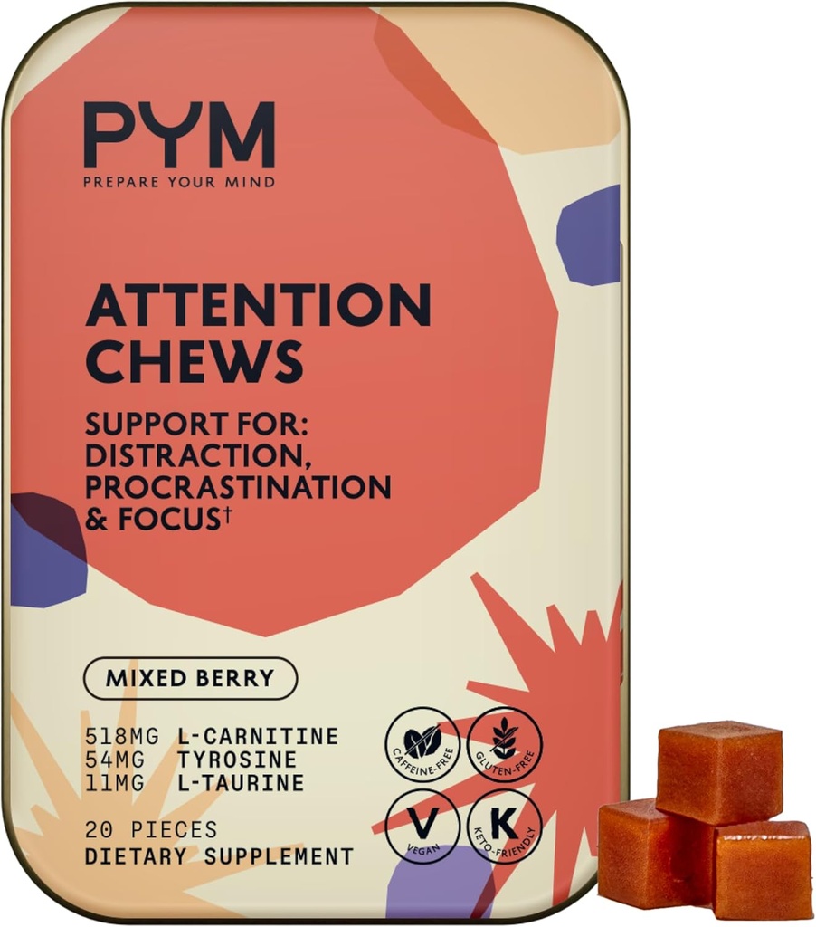 PYM Atención de cerdas Apoyo para la Procrastinación, Focus &amp; Productividad, 20 Conde TEN 518mg L-Carnitine, 54mg Tyrosine, 11mg L-Taurine, Caffeine-Free TEN All-Natural Mood Boost Supplement Made in USA