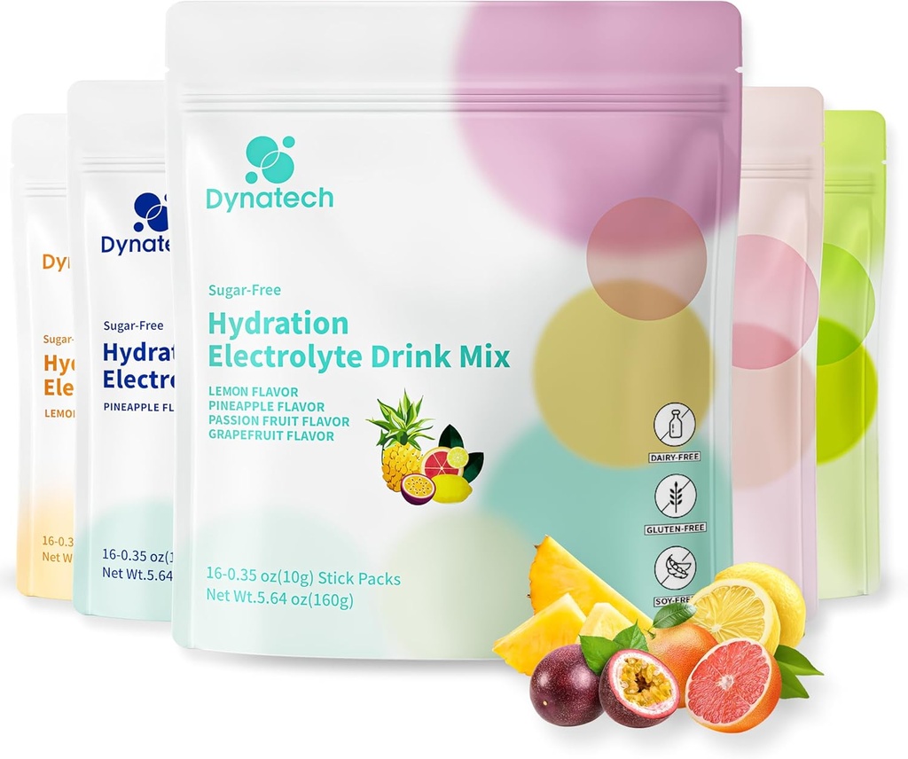 Dynatech Zero Sugar Electrolyte Drink Mix - Variety Pack - Hydration Powder Packets with 10 Electrolytes & Vitamins ← Non-GMO, Gluten Free, Vegan Electrolytes Powder Packets ← 16 Servings