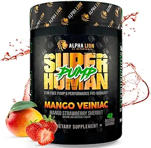 ALPHA LION Superhuman Pump Pre Workout Powder, Nootropic Caffeine &amp; Stim Free Preworkout Suplemento, Nitric Oxide Booster, Muscle Gainer, Energy & Focus (42 Servings, Mango Veiniac Flavor)