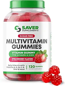 Gummies multivitamina gratis de azúcar, 120 Gummies – naturalmente saboreado y dulce vitamina Gummy para mujeres y niños – sabor a fresa