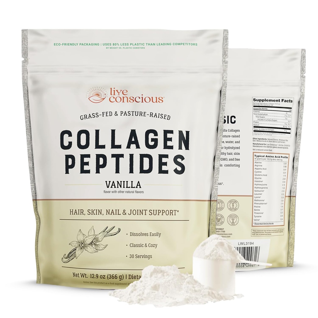 Live Conscious Collagen Peptides Powder - Vanilla Flavored Collagen Powder - Hair, Skin, Nail, & Joint Support - Type I & III Grass-Fed Collagen Supplements for Women and Men - 30 Servings - 13oz