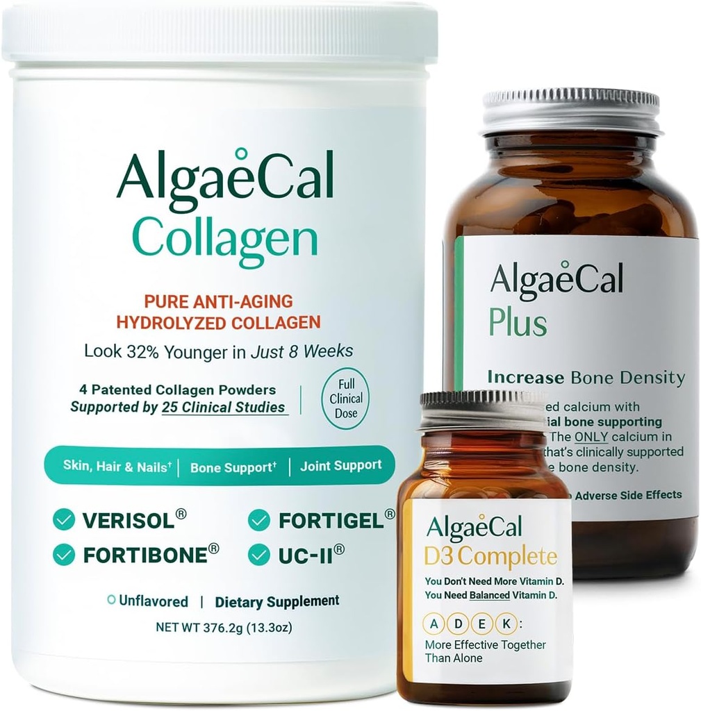 ALGAECAL Calcium, Vitamina D3 &amp; Collagen Bundle – Collagen hidrolizado con Verisol, Fortibone & Fortigel, Plus Calcium, Vitamina ADEK, " Trace Minerals for Bone Health " Anti-Aging