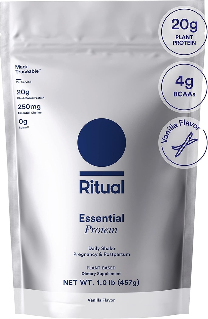 Polvo de proteína vegana prenatal Ritual: Choline to Support Prenatal, Postpartum, " Lactation, 20g Organic Pea Protein from Regenerative Farms in USA, Gluten Free, Plant Based, Sugar Free†, Vanilla, 1Lbs