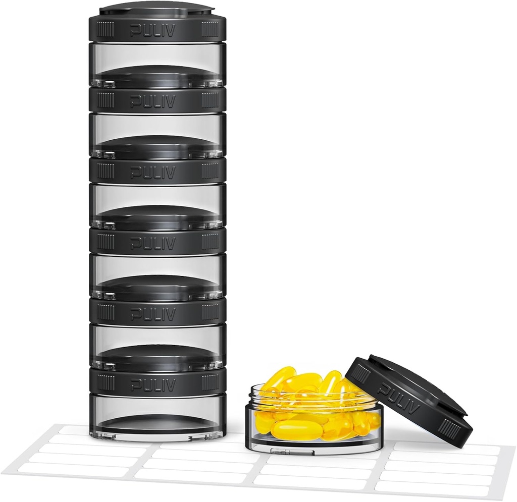 PULIV Organizador semanal de píldoras estable para uso flexible, caja grande de la pila de viaje 7 día con aberturas amplias para fácil recuperación " relleno, libre de BPA, 20 pegatinas, sostiene vitaminas, suplementos, aceites de pescado
