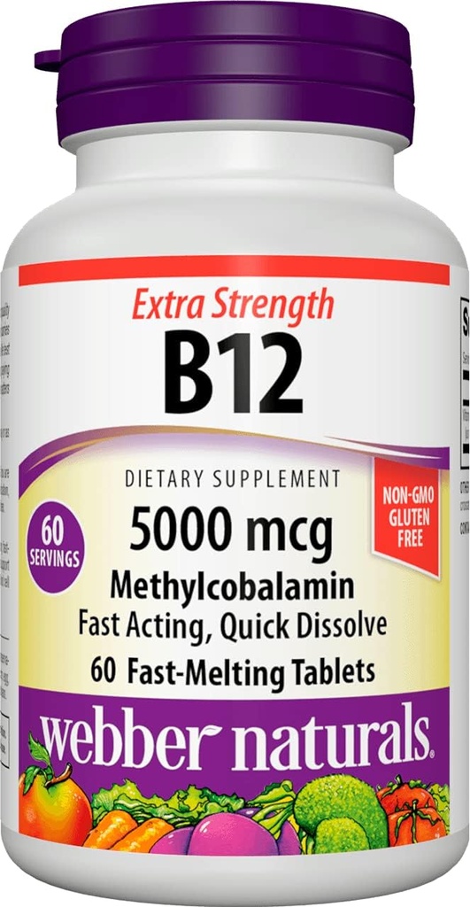 Webber Naturals Vitamina B12 5000 mcg, 60 cuenta, tablas de disuelve rápido, suplemento de vitamina Apoyo para el metabolismo energético, inmune y salud cardíaca, Fórmula vegetariana, 60 días de suministro