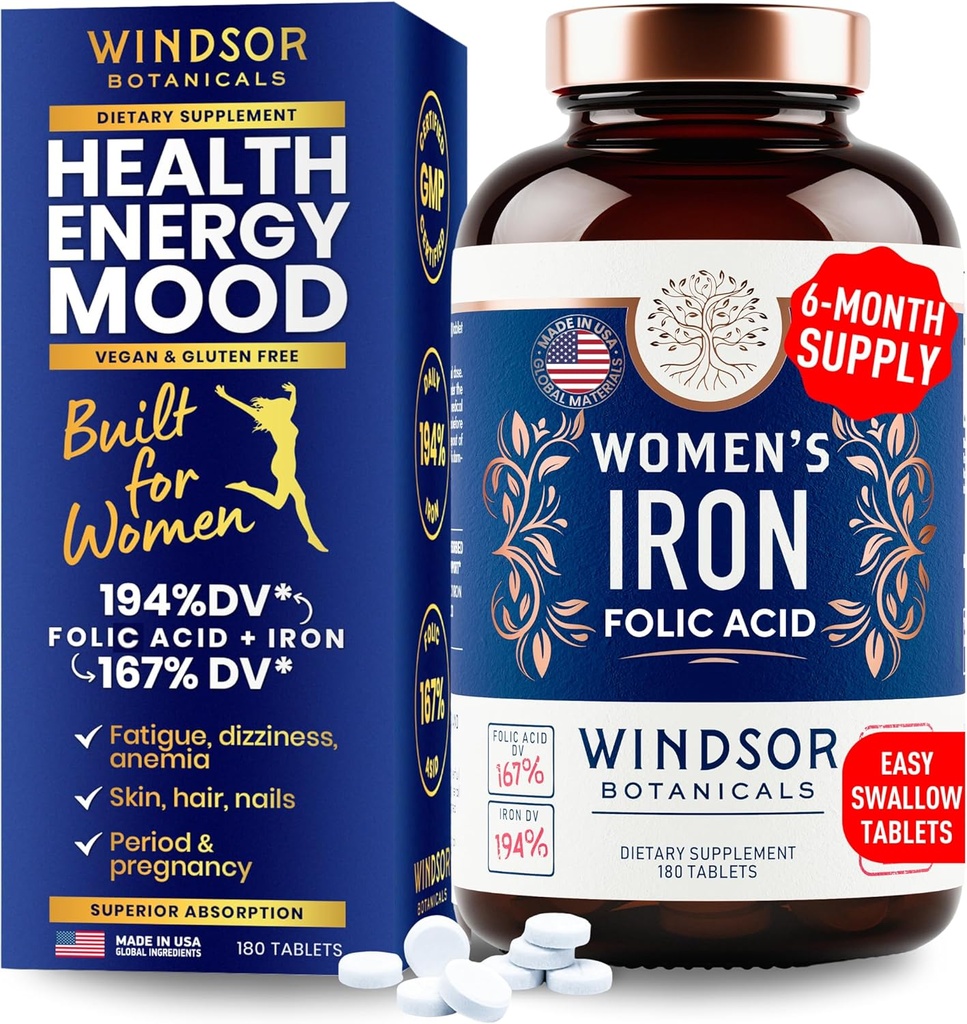Suplementos de hierro y ácido fólico para mujeres - 35 mg Gentle Iron Vitamina, Folic Acid 400mcg - Anemia, Período, Apoyo al Embarazo Suplemento, Ferrous Sulfate Pills - 180 Vegan Non-Constipating Tablets
