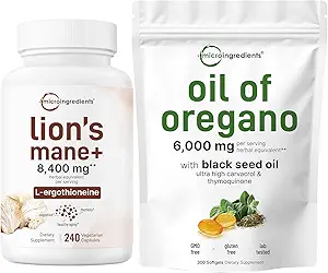 Micro Ingredients Oil of Oregano Softgels 300 Count & Lions Mane Supplement 240 Veggie Capsules Bundle 2 Pack | Carvacrol & Thymoquinone | Superfood Mushroom Antioxidants with L-Ergothioneine