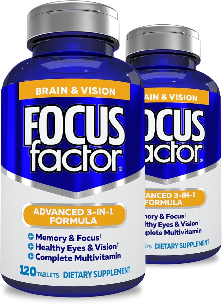 Factor de foco Adultos Suplemento Cerebro y Visión, 120 Conde- Vitamina Ojo, Suplemento Mineral, Multivitamina completa con Lutein &amp; Zeaxanthin-Brain Suplemento para Focus, Concentración, Memoria (2 Pk)