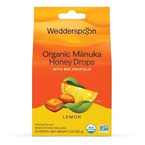 Wedderspoon Organic Manuka Honey Drops, Lemon & Bee Propolis, 20 Conde (Pack of 1) ← Genuine New Zealand Honey ← Perfect Remedy For Dry Throats