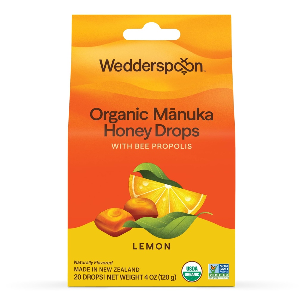Wedderspoon Organic Manuka Honey Drops, Lemon & Bee Propolis, 20 Count | USDA Organic | Genuine New Zealand Honey, Natural Remedy for Dry Throat