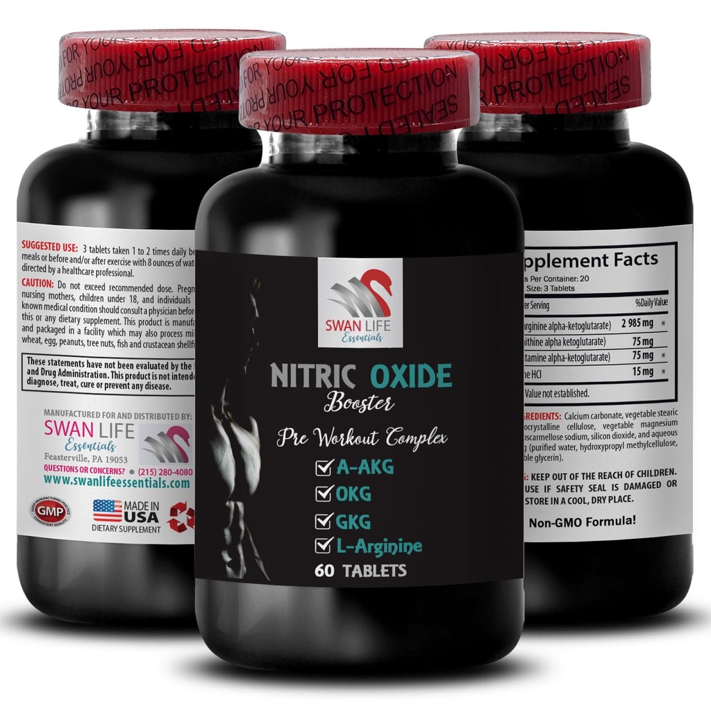 L-Arginine - NITRIC OXIDE BOOSTER - nitric oxide booster supplement, strength support, muscle recovery, power booster, workout support, endurance support, recovery focus, fitness 1 Bottle 60 Tablets