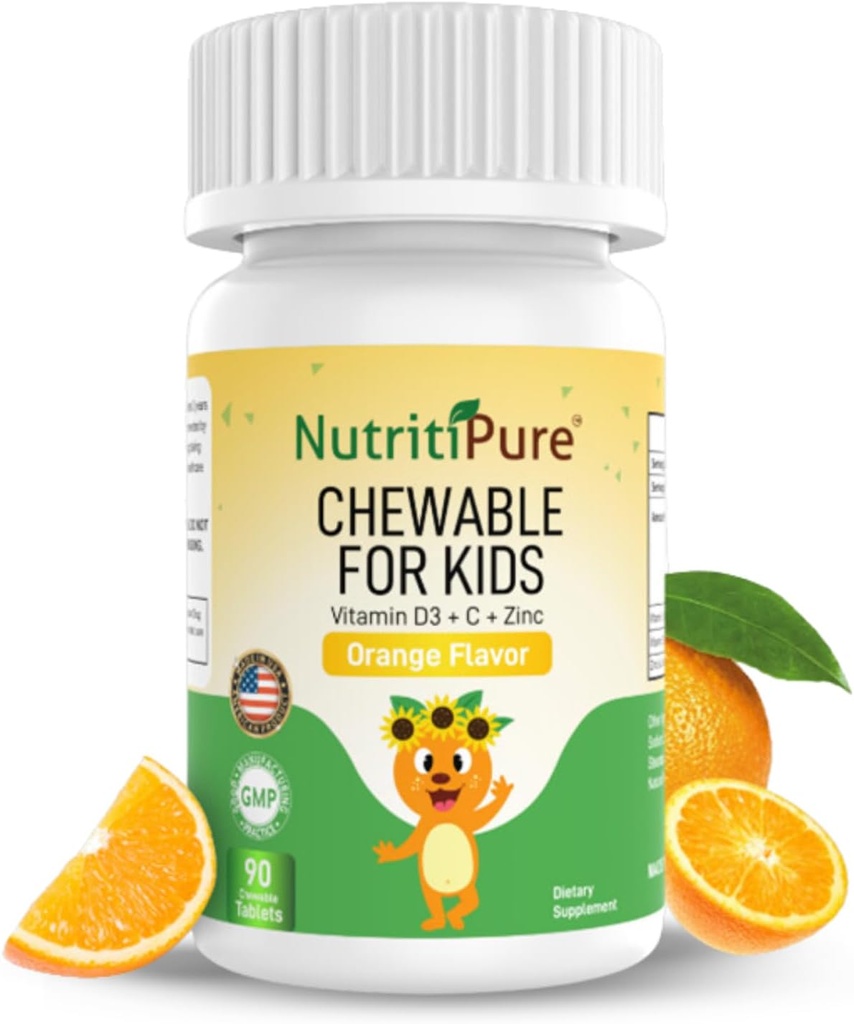 Vitamina Chewable D3 (Cholecalciferol) 25 mcg (1000 UI) + Zinc (Zinc Citrate) 5mg + Vitamina C 30mg para niños sabor a naranja 90/Botella (1)