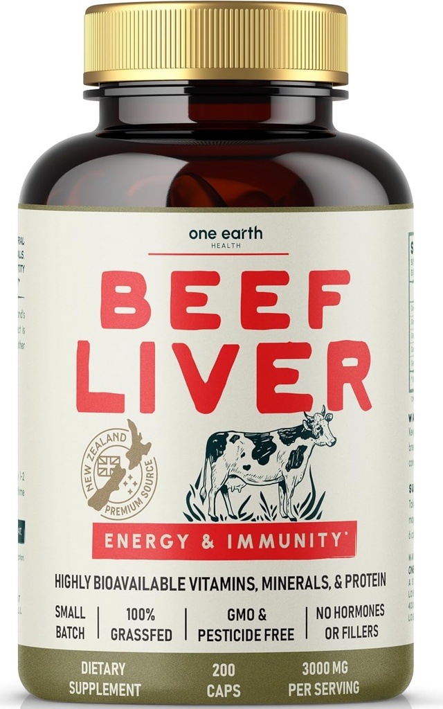 One Earth Health Beef Liver Capsules. 100% Grass Fed New Zealand Beef Liver. Pasture Raised. GMO y Filler Gratis. 200 Capsules ( 3000mg Serving)