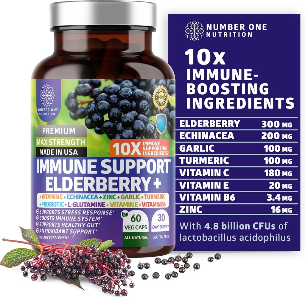 Premium 10 en 1 Suplemento de Apoyo Ingredientes de Potente [10 Ingredientes de Potente] con Elderberry, Vitamina C, Echinacea, Zinc y Probiótico para Apoyo Inmunitario, Salud Gut y Mejor Digestión, 60 Caps de Veg