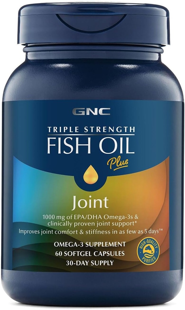 GNC Triple Strength Fish Oil Plus Joint Omega 3, 1000mg EPA y DHA, Heart Health, Plus Fast 5 Day Comfort, Brain, Skin, and Eye, Antioxidants and Botanical Extracts, Control Fish Burps, 30 Servings