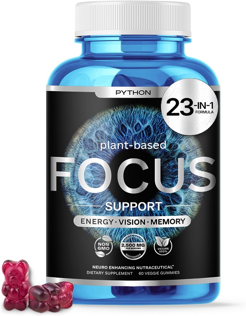 Python Focus - Suplemento Nootrópico de Cerebro - Memoria Boost, Concentración " Función Cognitiva - 60 Chews Vegan con Lions Mane, Lutein " AREDS 2 Vitaminas