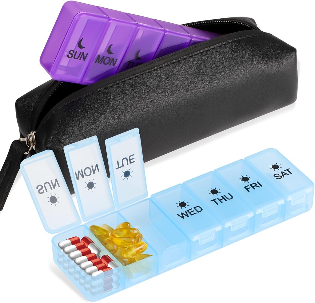 Caja de 7 Días de Píldora, 14 Compartimientos Caja de Almacenamiento de PP, Caja de Medicina de Viajes sin BPA con Bolsa impermeable, Dos veces al día Caja de Píldoras para Suplementos de Vitamina y Petróleo de Pesca