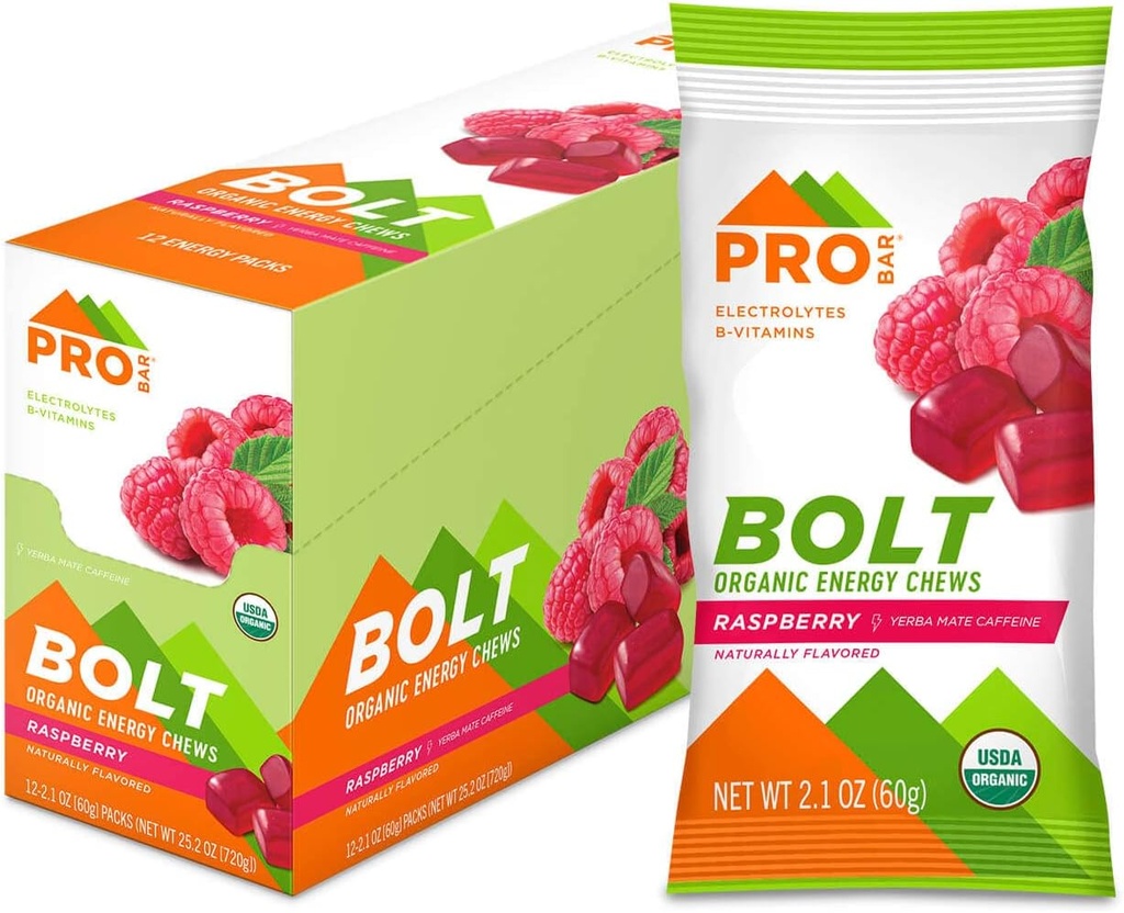PROBAR - BOLT Organic Energy Chews, Raspberry, Non-GMO, Gluten-Free, USDA Certified Organic, Healthy, Natural Energy, Fast Fuel Gummies with Vitamins B &amp; C (12 Count)