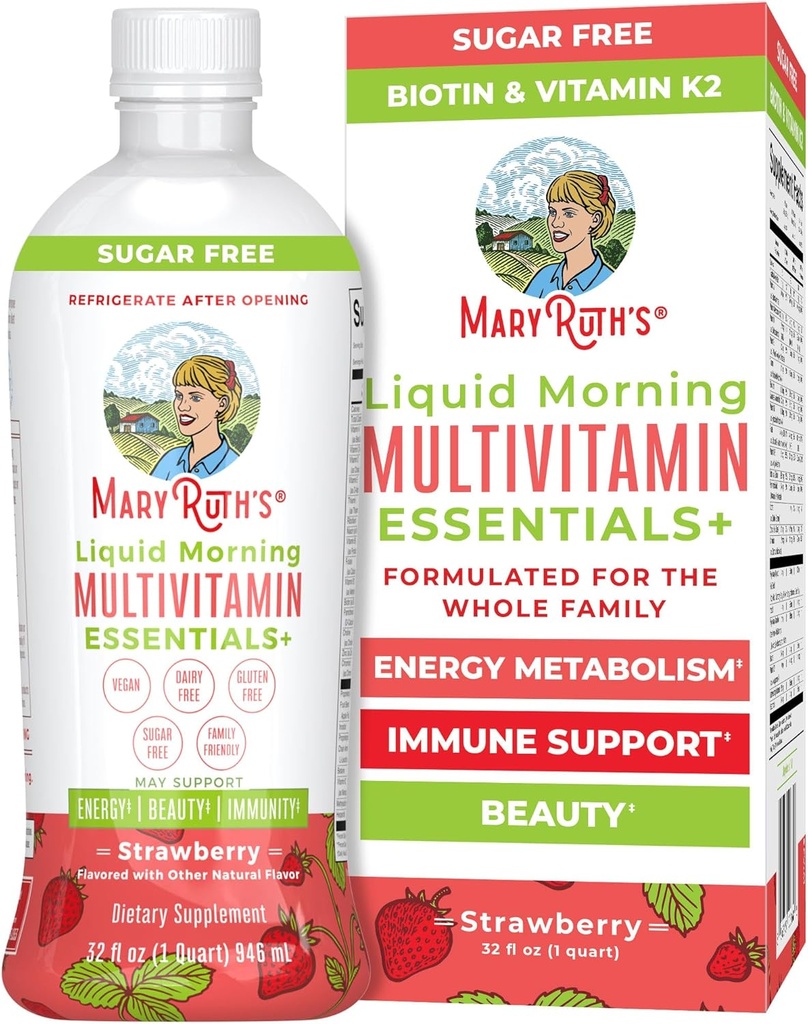 MaryRuth Organics Liquid Morning Fundamentos Multivitamínicos+ ← Vitamina A C D E B6 B12 Biotin Zinc ← Hombres " Mujeres Silenciosos Apoyo Silenciosos Belleza Silenciosos Libres de Azúcar Vitaminas para Edades 1+  Vegan ← 32 Fl Oz