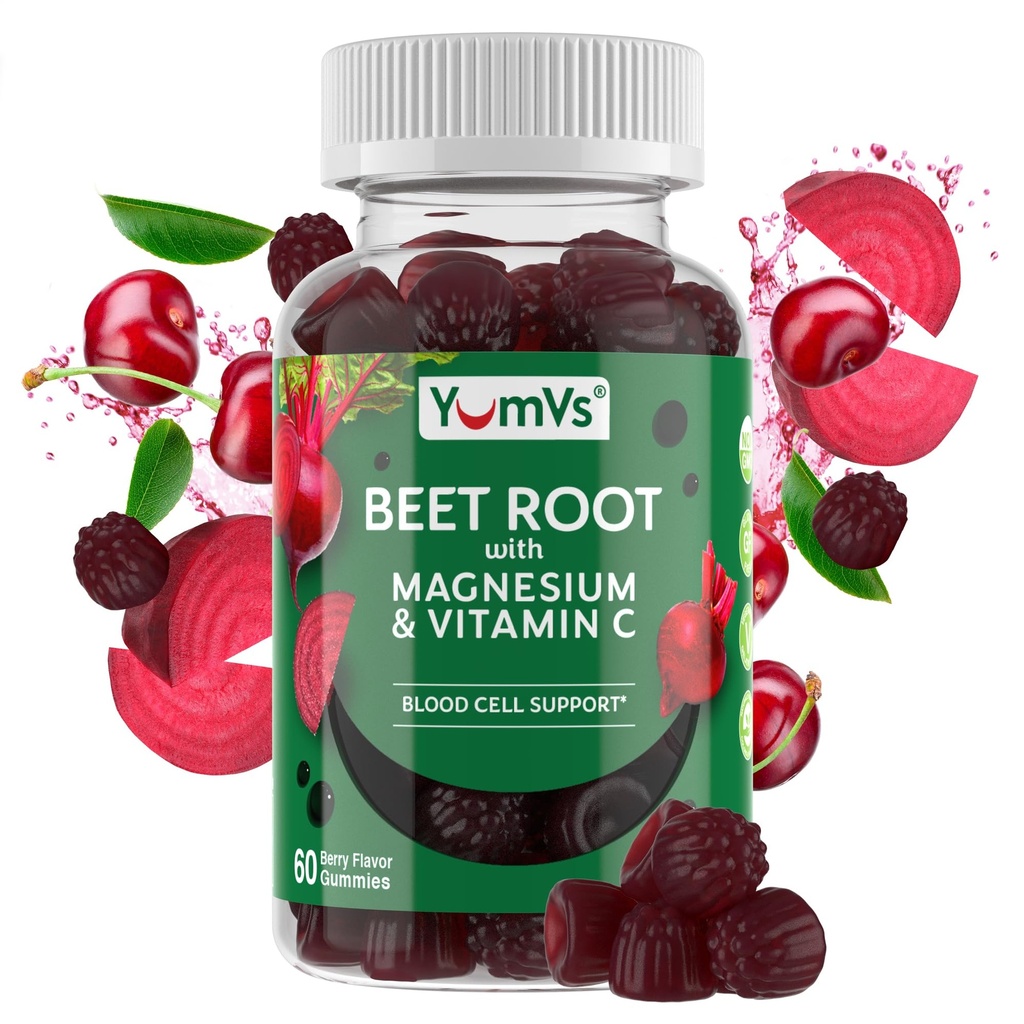 YumVs Beet Root Gummies con Magnesio y Vitamina C - Berry Flavor Beetroot Gummies - Beet Chews for Blood Circulation and Antioxidant Support - Red Beet Gummy- Berry 60 Conde (Pack of 1)