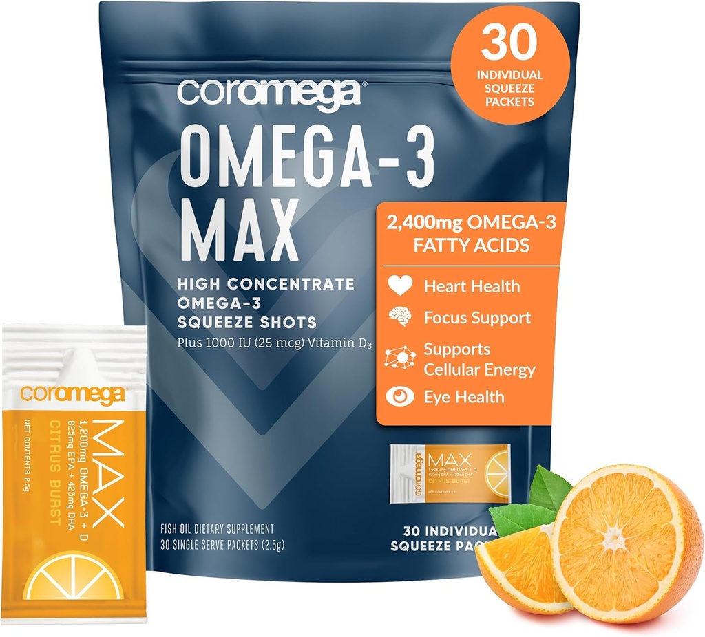 Coromega MAX 2400mg Omega-3 Fish Oil + Vitamin D Squeeze Packets, Wild-Caught, No Fishy Taste - 3X Better Absorption Than Softgels, Supports Brain & Heart Health (30 Servings, Citrus Burst)