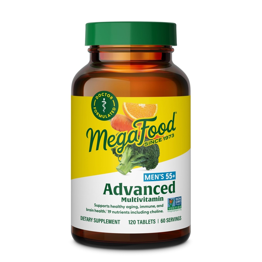 MegaFood Men's 55+ Advanced Multivitamin for Men - Doctor-Formulated -Choline, Vitamina D, Vitamina B12 – Plus Alimentos Reales – Suplemento de Salud Cerebro para Adultos &amp; Apoyo Inmunitario - 120 Tabs (60 Servings)