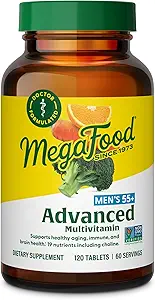 MegaFood Men's 55+ Advanced Multivitamin for Men - Doctor-Formulated -Choline, Vitamina D, Vitamina B12 – Plus Alimentos Reales – Suplemento de Salud Cerebro para Adultos &amp; Apoyo Inmunitario - 120 Tabs (60 Servings)