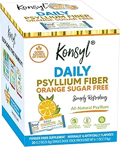 Konsyl Daily Fiber Orange 100% Natural Psyllium Husk Powder - Sugar Gratis y Gluten Gratis - 30 Stickpacks individuales