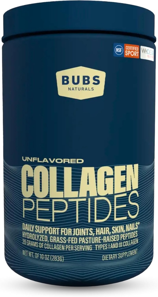 BUBS Naturals Unflavored Collagen Peptides Powder, Best Proteins for Joints ' Skin, Pasture Raised Grass Fed, Paleo y Keto Friendly, Whole30 Aprobado, Non-GMO Dairy & Gluten Free, 10oz, 14 Servings