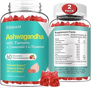 2 Pack Ashwagandha Gummies con L-theanine, Ashwa Root Suplemento Gummy para Mujer Hombre, 120 Strawberry Flavored Gummies