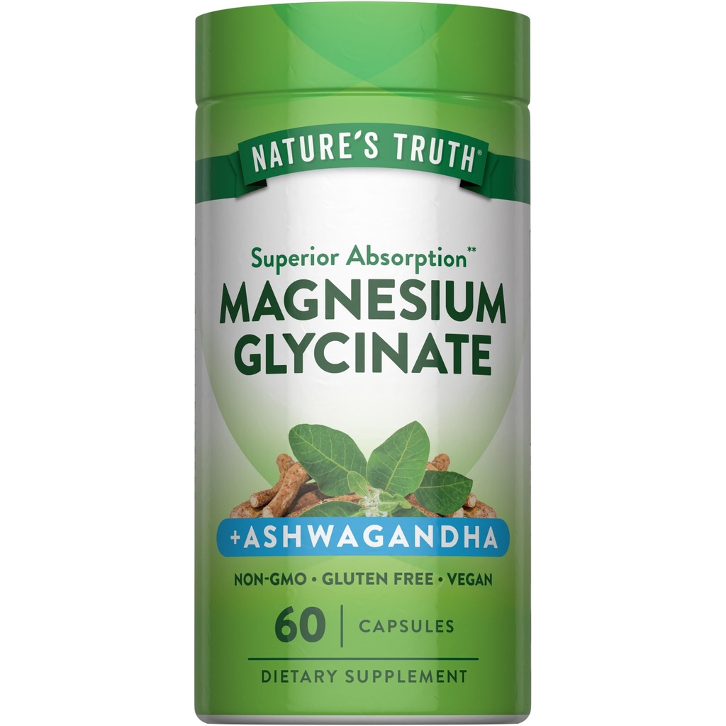 Nature's Truth Magnesium Glycinate with Ashwagandha | 60 Capsules | Vegan, Non-GMO & Gluten Free Supplement