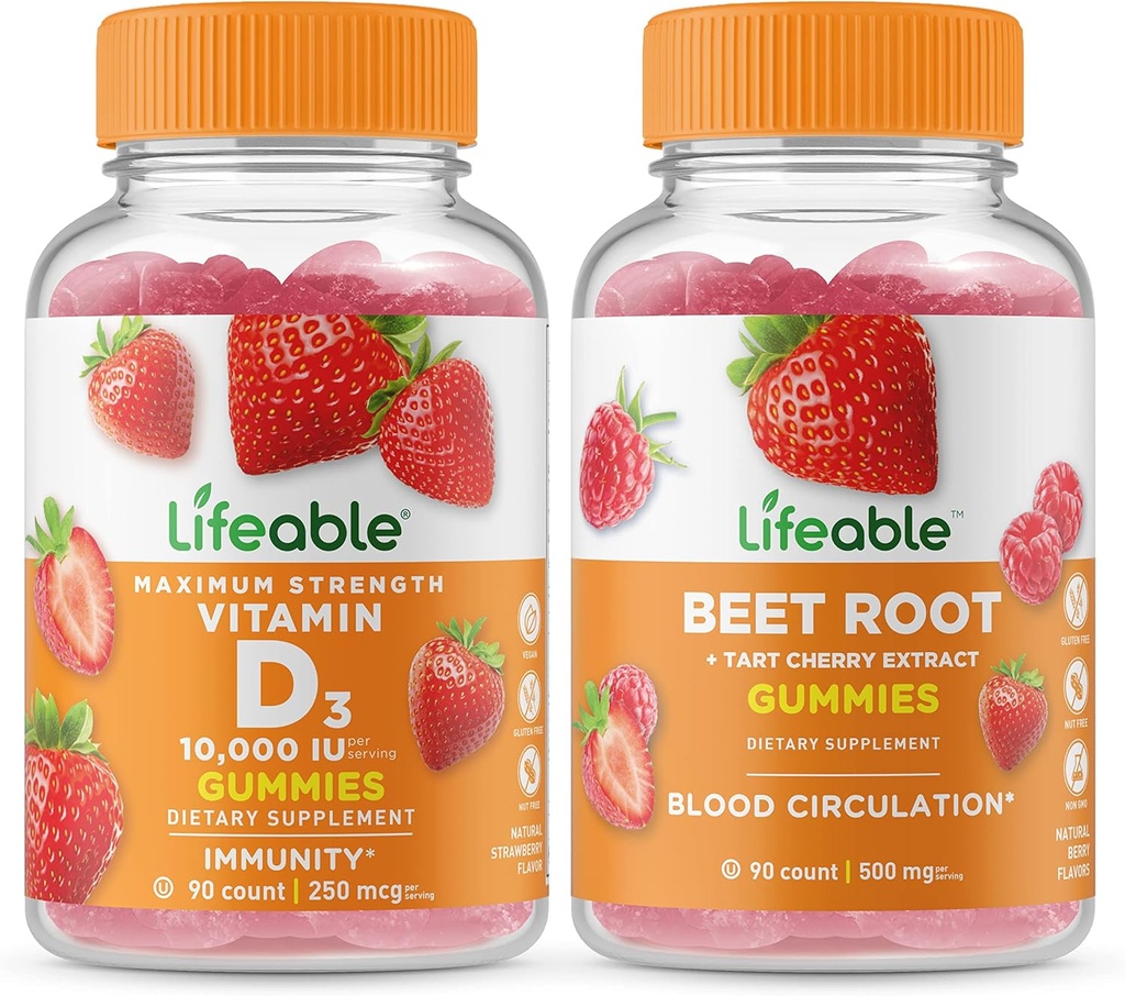 Lifeable Vitamin D 10000 IU + Beet Root, Gummies Bundle - Great Tasting, Vitamin Supplement, Gluten Free, GMO Free, Chewable Gummy