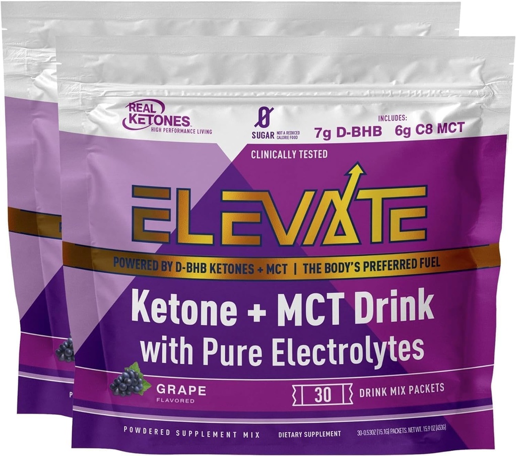 Real Ketones Exógeno Keto D BHB + MCT + Electrolitos, Caffeine Free Drink Mix Powder, Grape Tart for Rapid Ketosis (56 Servings)
