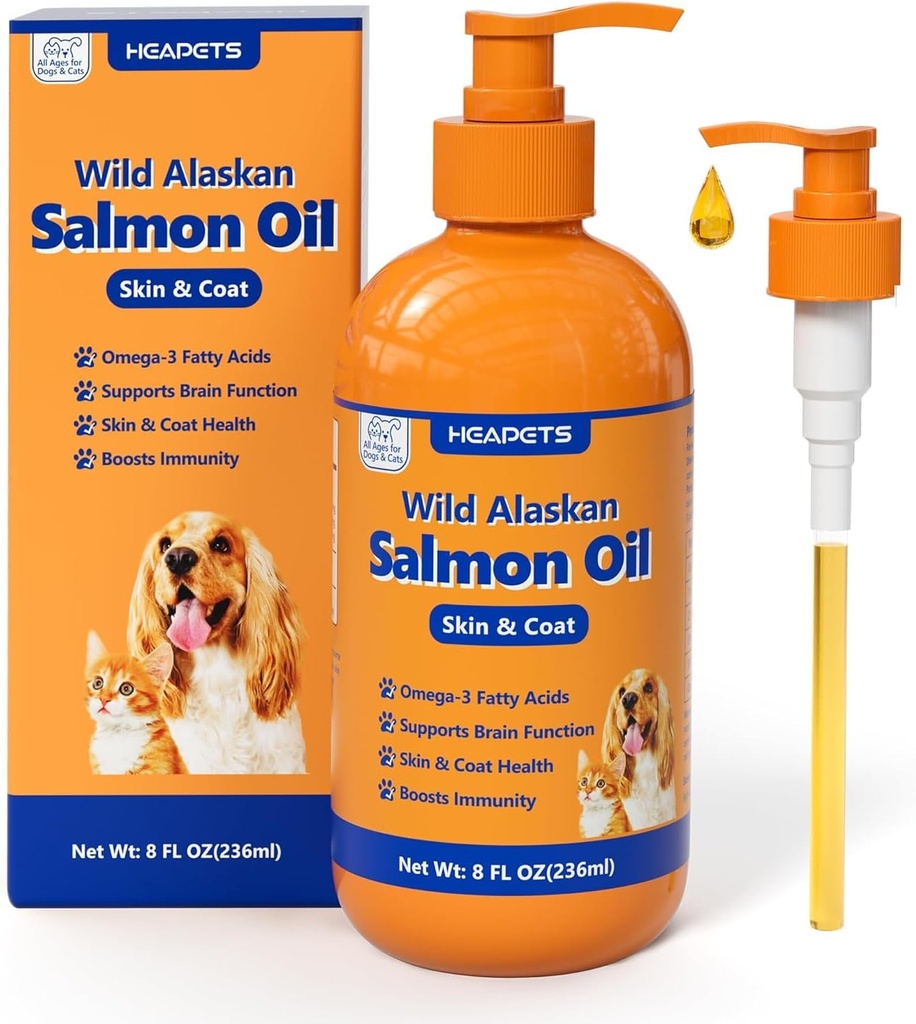 Salvaje Aceite de Salmón de Alaska para perros &amp; gatos, aceite de pescado Omega 3 Suplementos con EPA & DHA para la piel " Cuna, Inmune, Cerebro, Conjunto y Corazón Salud, Dog &amp; Cat Fish Oil Suplementos con Bomba- 8 oz