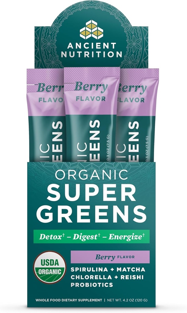 Antigua Nutrición SuperGreens Polvo con Probióticos, Verdes de Sabor de Berry Orgánica, Hecho de Frutas Reales, Verduras y Herbs, Apoyo Digestivo y Energético, 16 Stick Packs, 4.2oz
